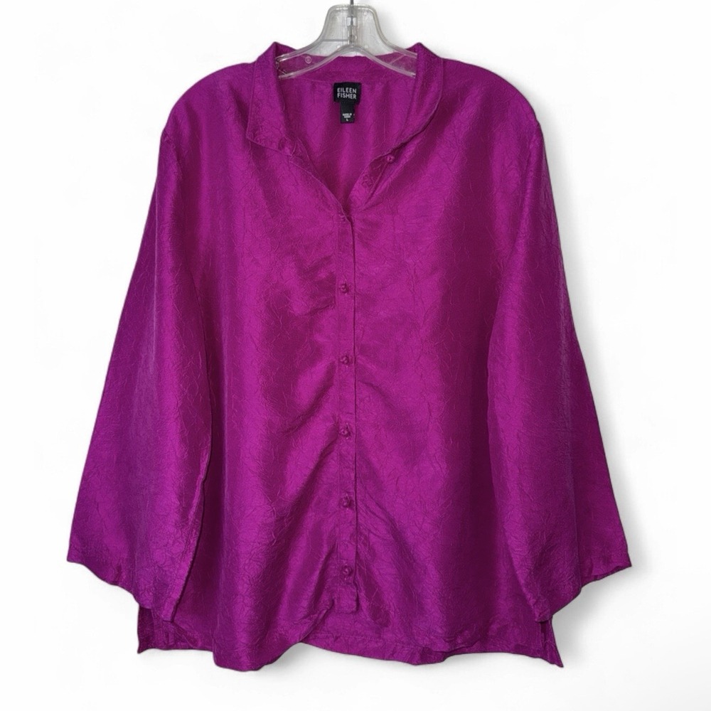Eileen Fisher L Magenta Crinkle Silk Feel Button Blouse Oversized Quiet Luxury